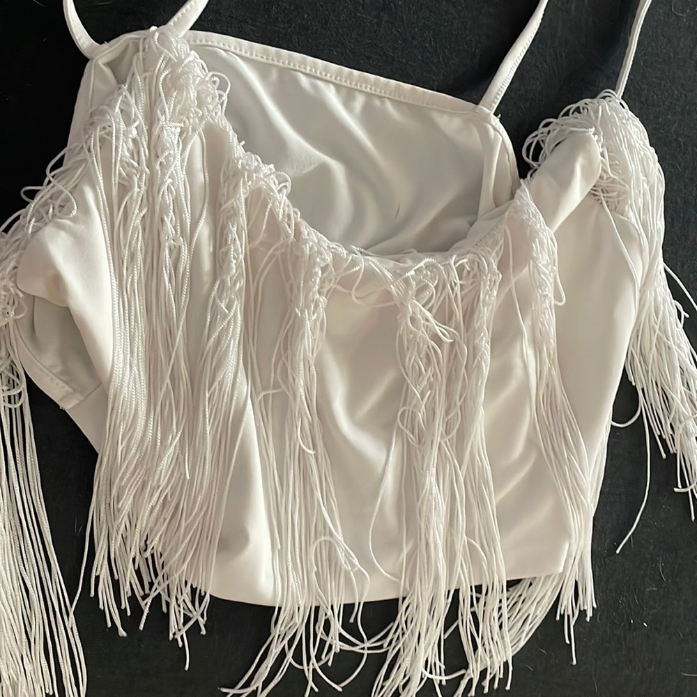 White fringe spaghetti strap crop top